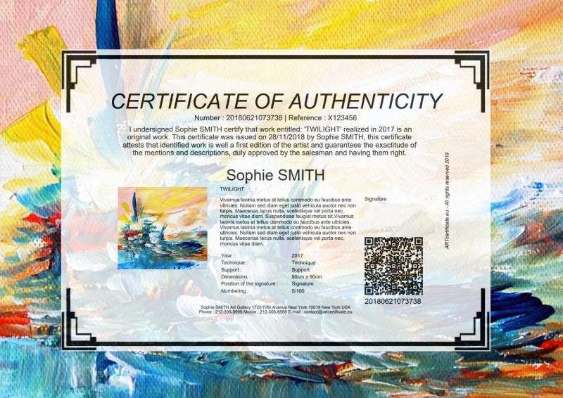 Certificate of Authenticity COA for artistwork