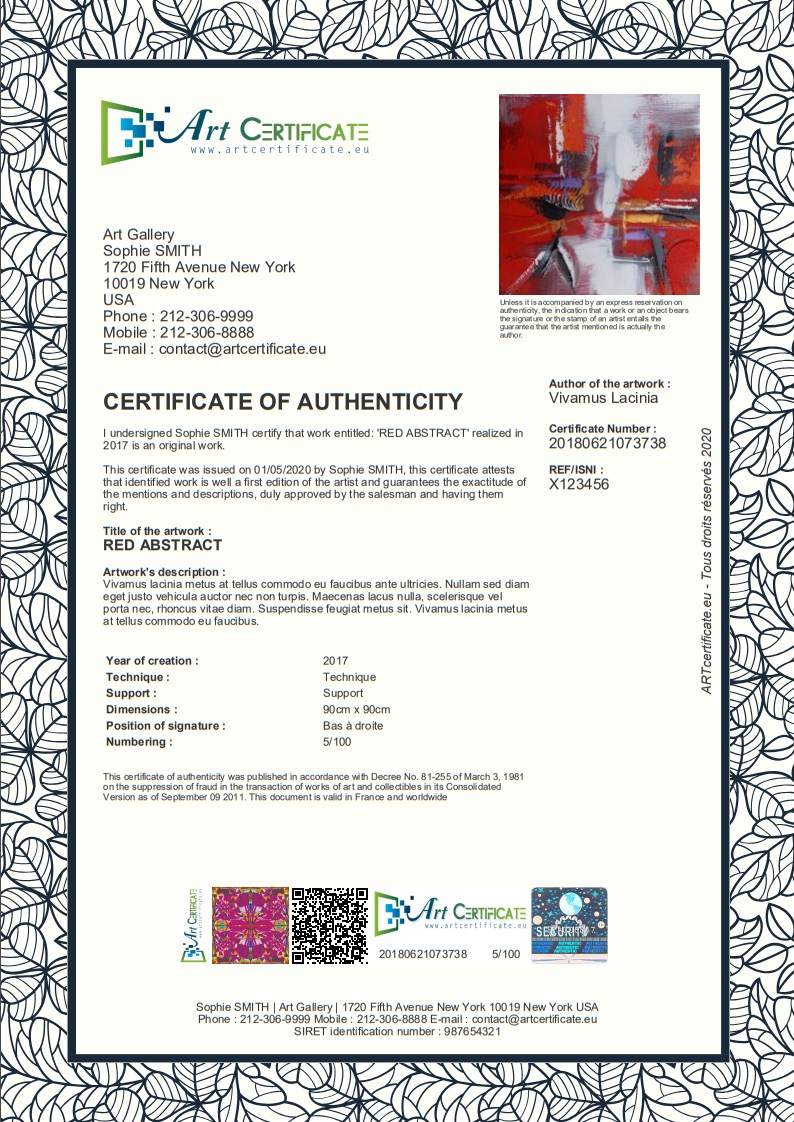 Certificate of authenticity COA blockchain for artwork