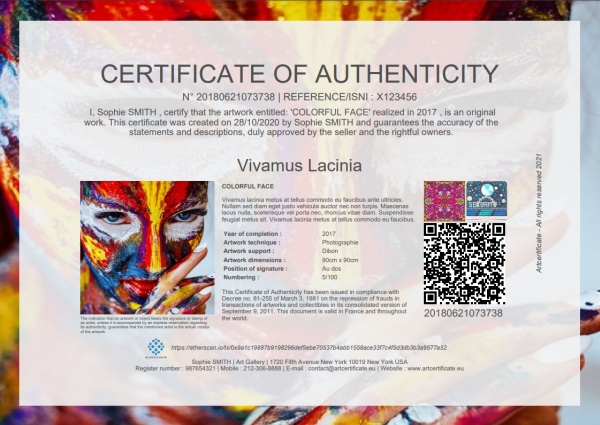 Certificate of authenticity COA blockchain for artwork