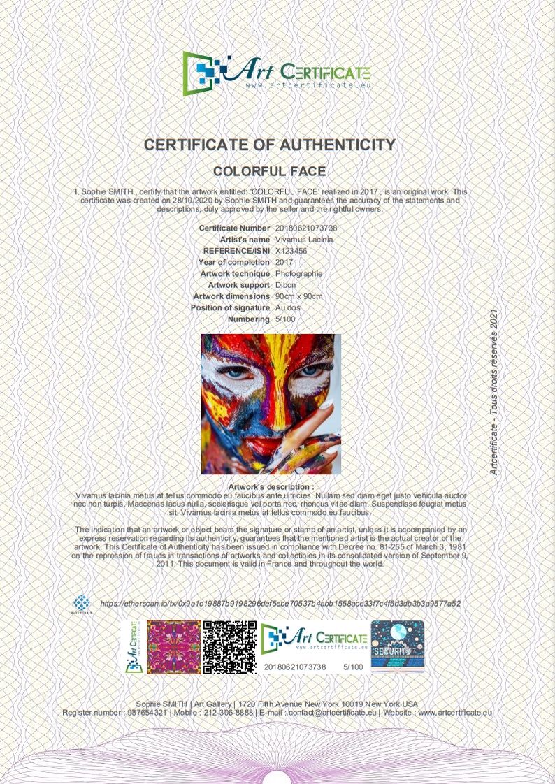 Certificate of authenticity COA blockchain for artwork